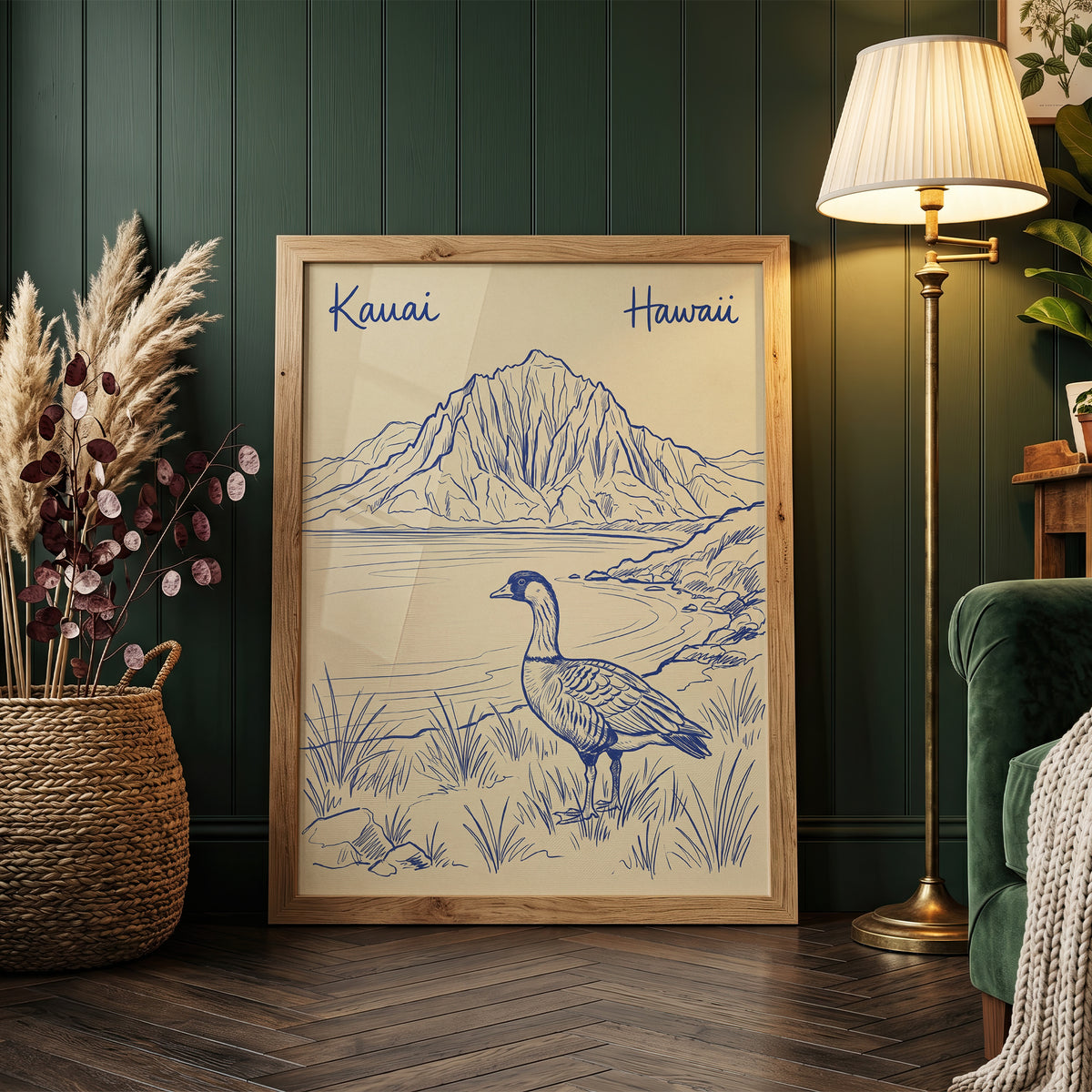 Vintage Kauai Hawaii Travel Poster - Nene Goose & Mountain Coastal Wall Art Print