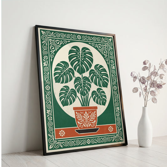 Monstera Plant Botanical Linocut Vintage Illustration Wall Art Print