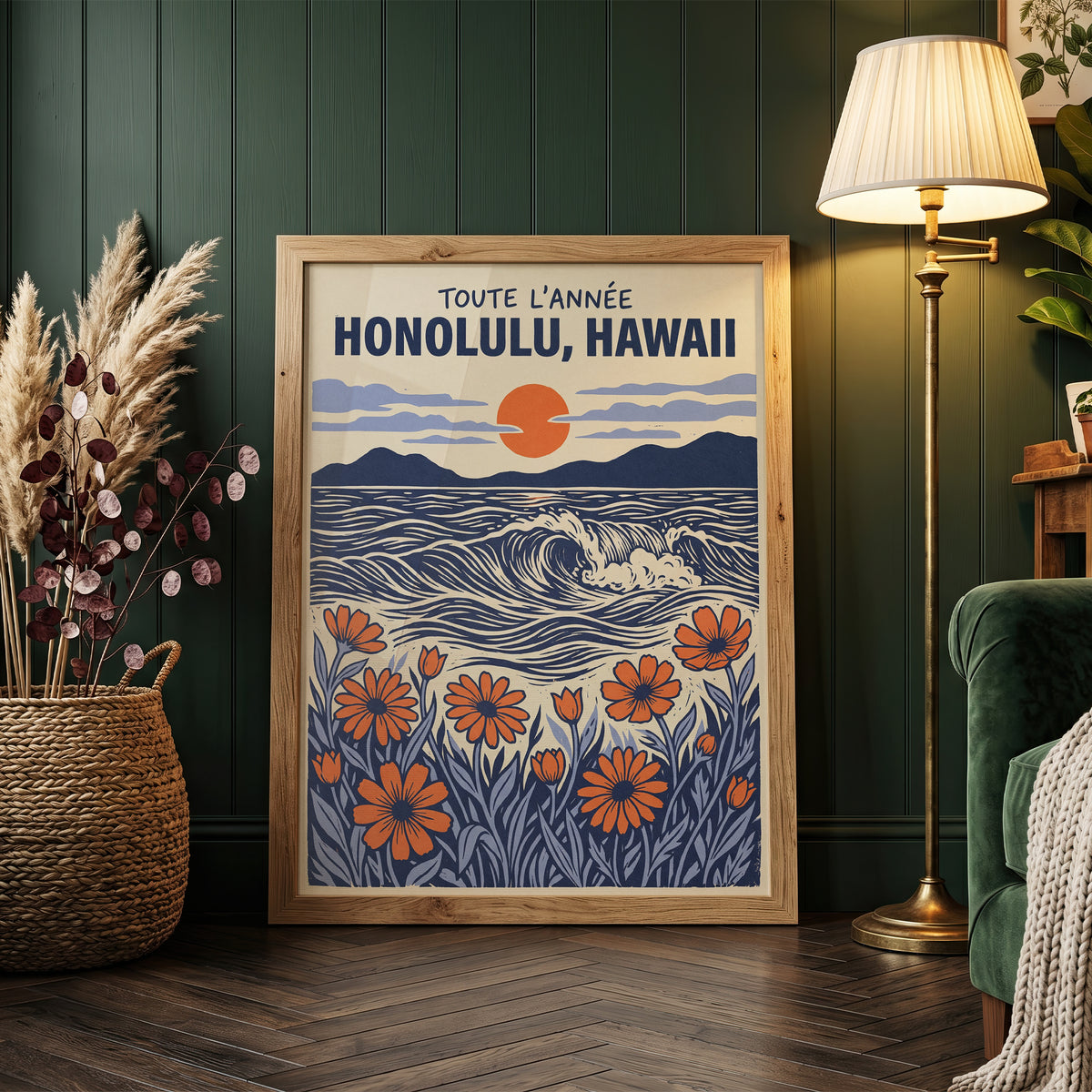 Honolulu Hawaii Retro Travel Woodcut Style Canvas Wall Art Print
