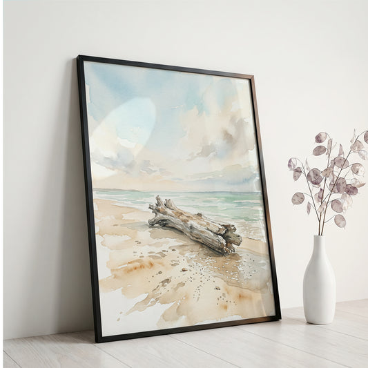 Weathered Beach Driftwood Watercolor Art Print, Coastal Shoreline Ocean Waves