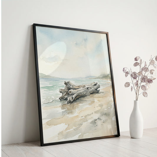 Coastal Driftwood Log on Sandy Shore Art Print