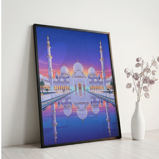 Sheikh Zayed Grand Mosque Symmetrical Night Reflection Art Print