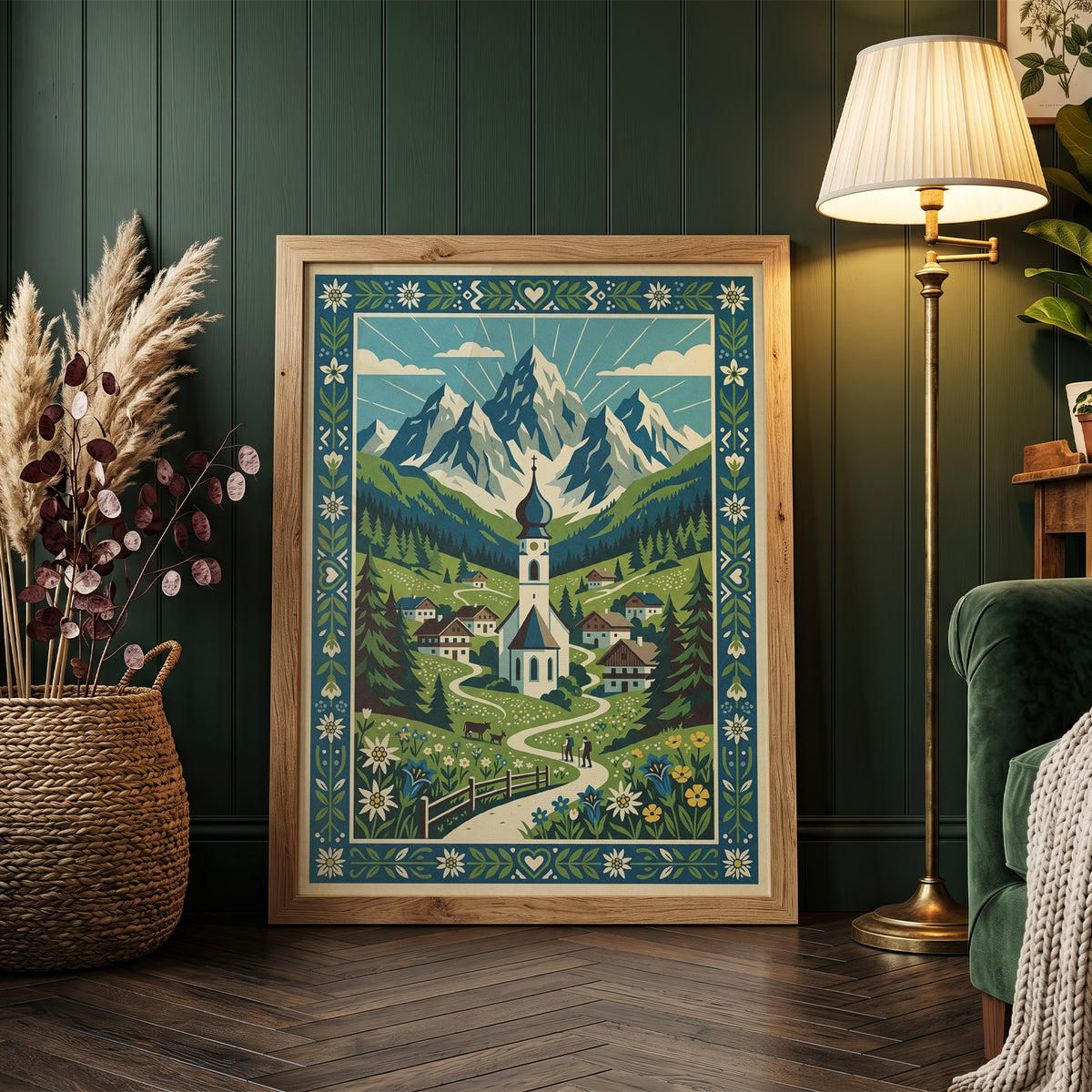 Swiss Alpine Village Trail & Grazing Cows Print