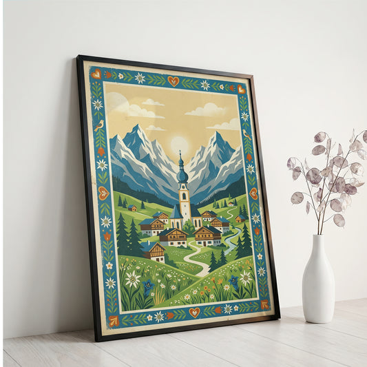 Alpine Mountain Village Sunrise Art Print, Golden Sun Peak