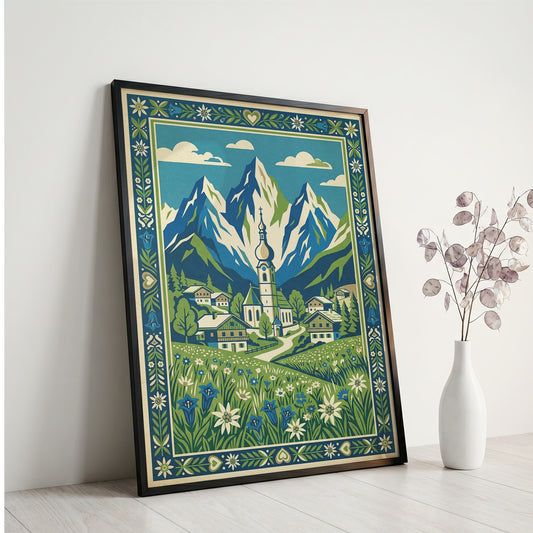 Vintage Alpine Village Travel Poster, Edelweiss Meadow & Majestic Mountain Church, Swiss Alps Decor
