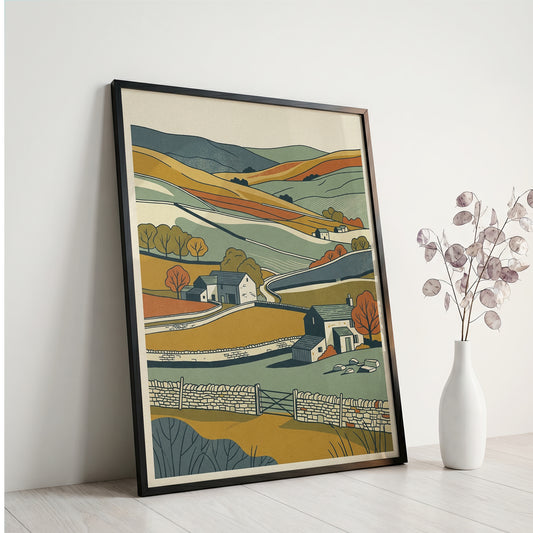English Countryside Rolling Hills Landscape Print, Rustic Stone Cottage Wall Art