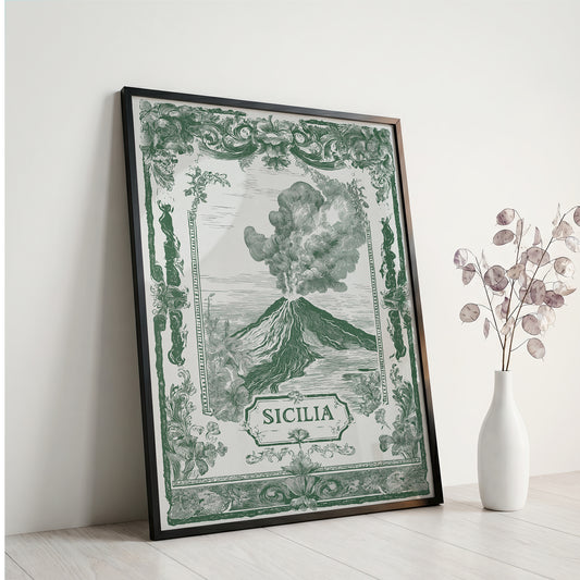 Vintage Sicily Italy Travel Poster - Antique Volcano Wall Art Print