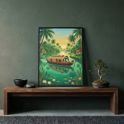 Kerala Backwaters Travel Poster - India Houseboat Art Print