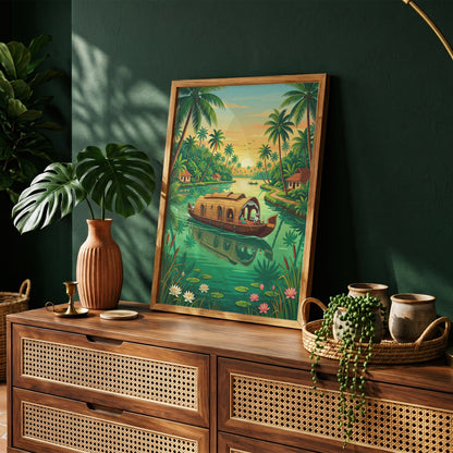 Kerala Backwaters Travel Poster - India Houseboat Art Print