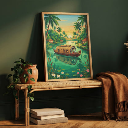 Kerala Backwaters Travel Poster - India Houseboat Art Print
