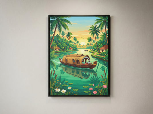 Kerala Backwaters Travel Poster - India Houseboat Art Print