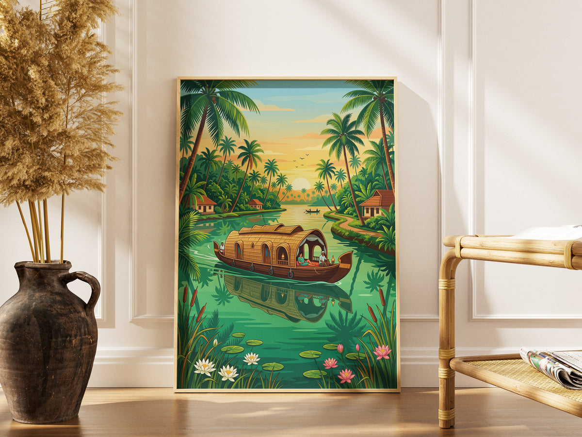 Kerala Backwaters Travel Poster - India Houseboat Art Print