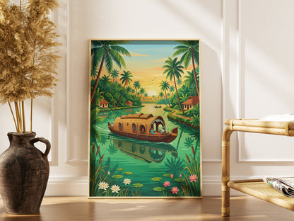 Kerala Backwaters Travel Poster - India Houseboat Art Print