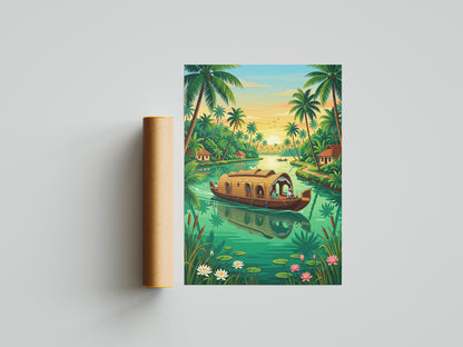 Kerala Backwaters Travel Poster - India Houseboat Art Print