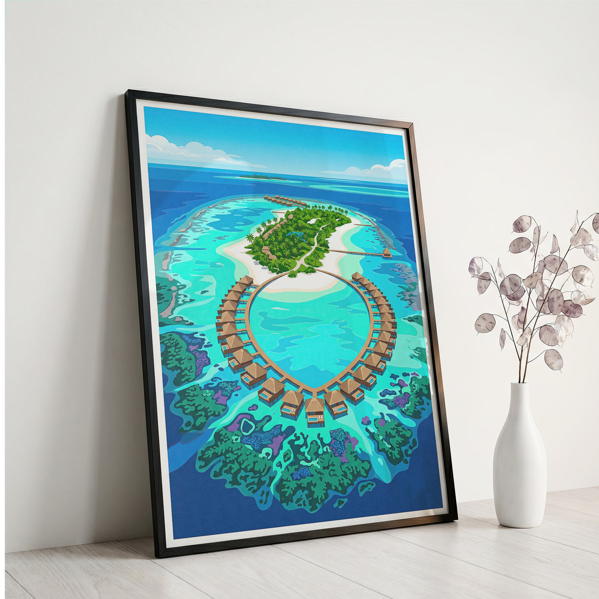 Maldives Aerial Atoll Travel Poster - Turquoise Coral Reef Art