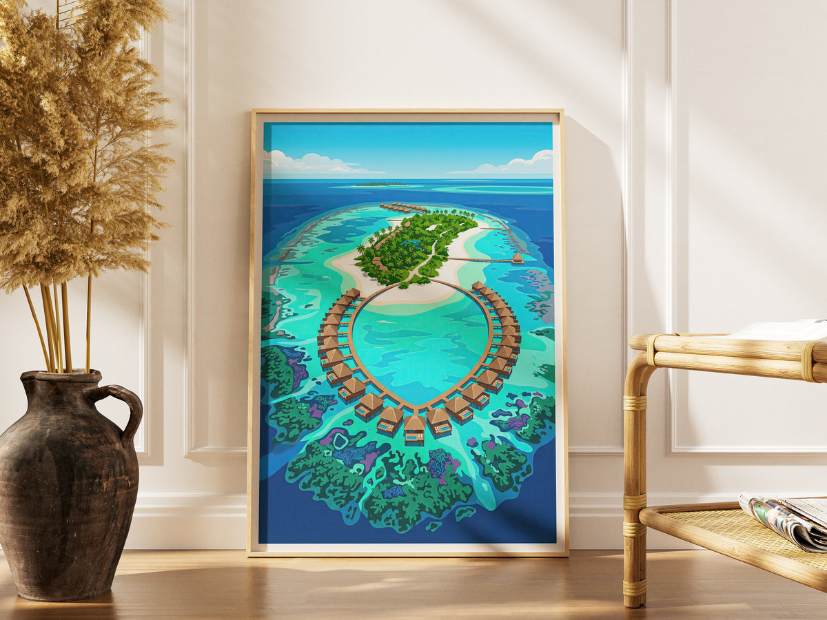 Maldives Aerial Atoll Travel Poster - Turquoise Coral Reef Art