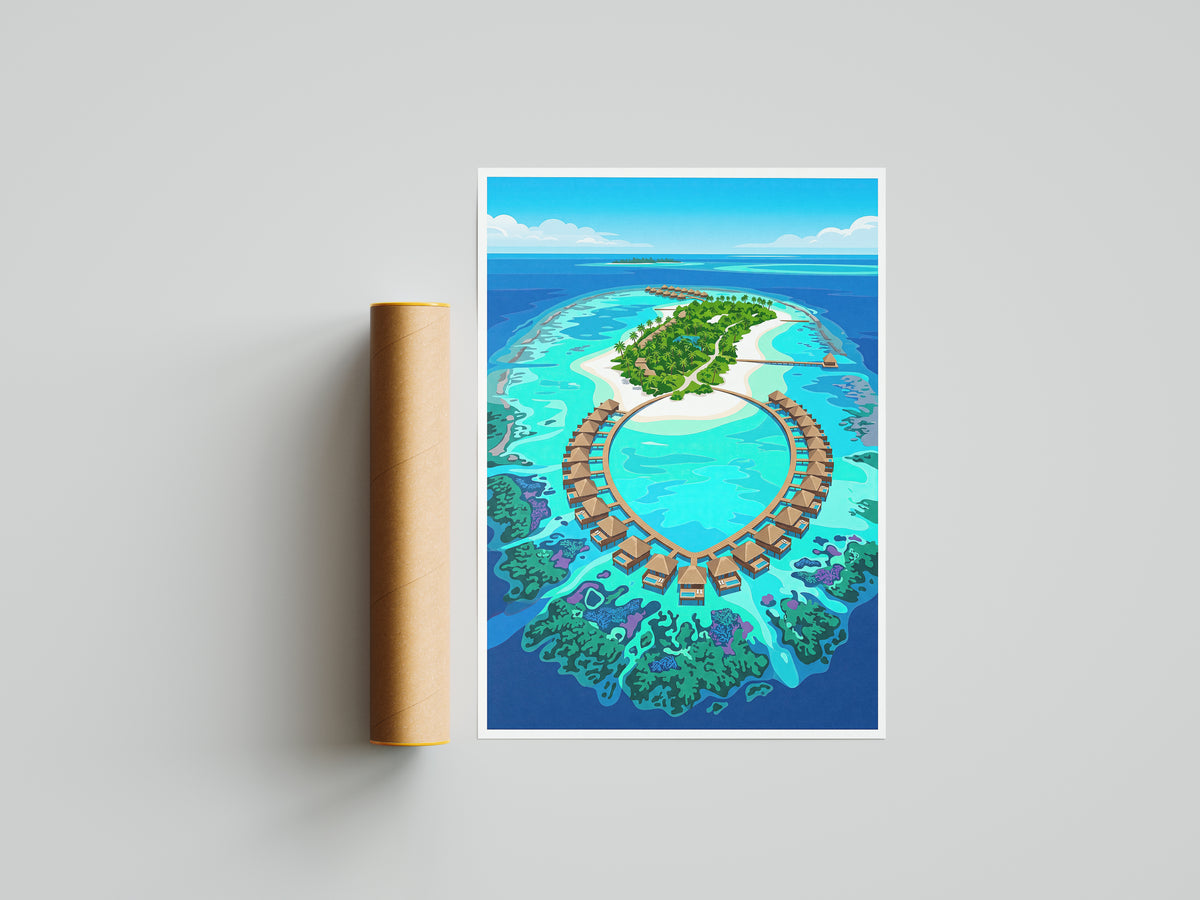 Maldives Aerial Atoll Travel Poster - Turquoise Coral Reef Art