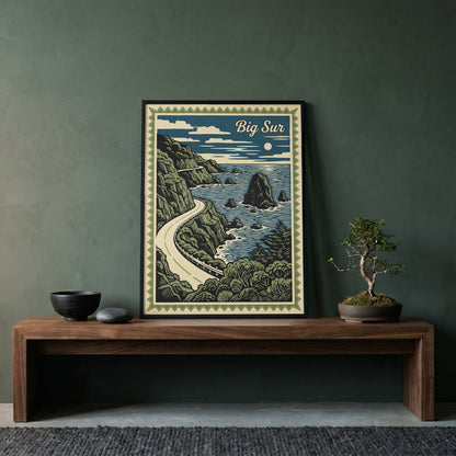 Big Sur California Vintage Travel Poster Linocut Wall Art Print