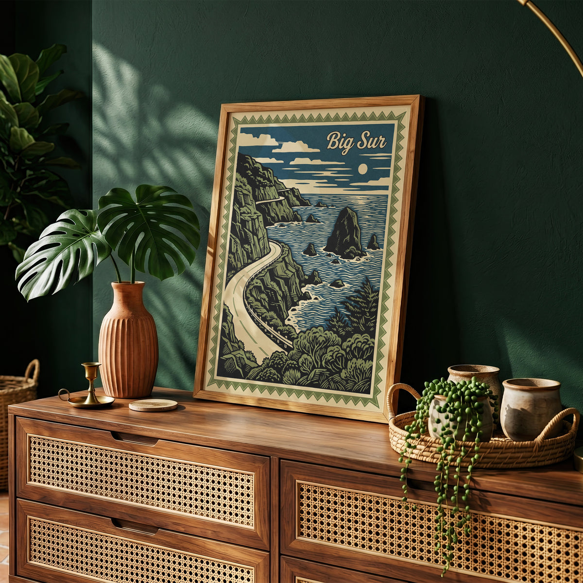 Big Sur California Vintage Travel Poster Linocut Wall Art Print