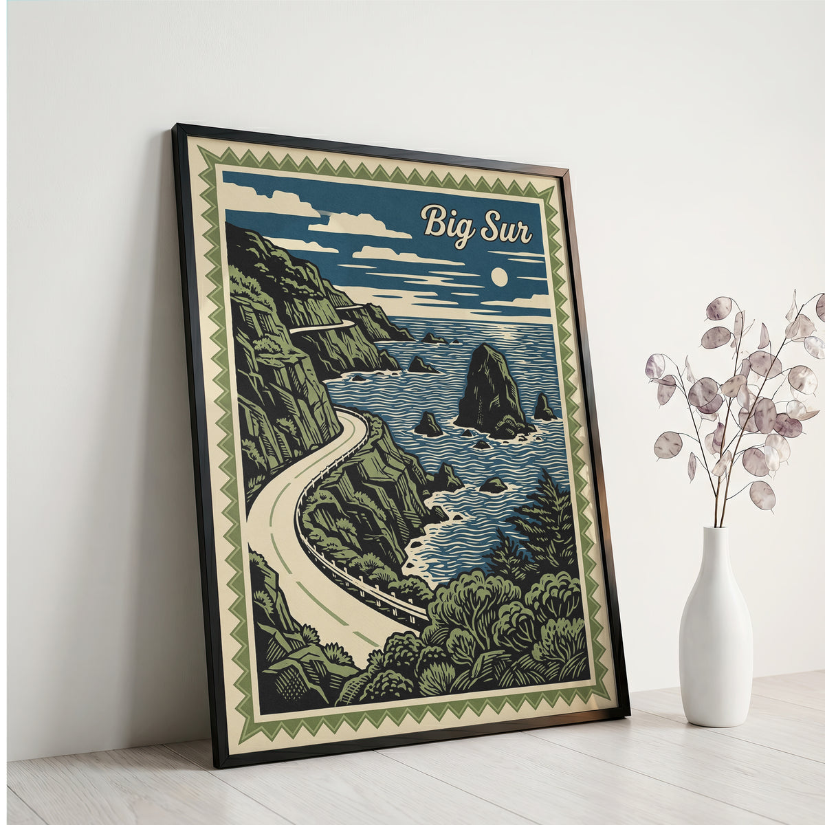 Big Sur California Vintage Travel Poster Linocut Wall Art Print
