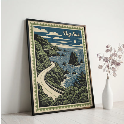 Big Sur California Vintage Travel Poster Linocut Wall Art Print
