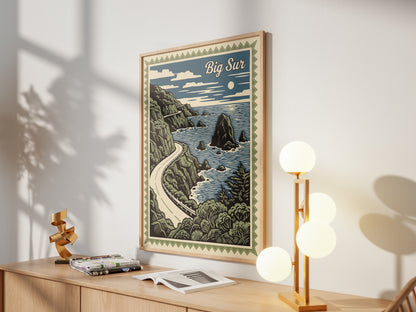 Big Sur California Vintage Travel Poster Linocut Wall Art Print