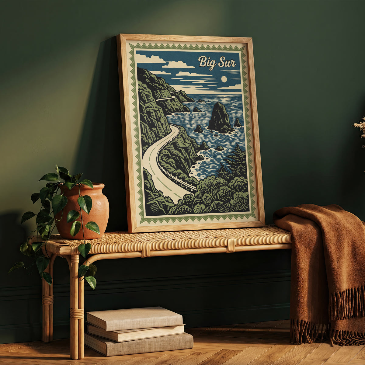 Big Sur California Vintage Travel Poster Linocut Wall Art Print