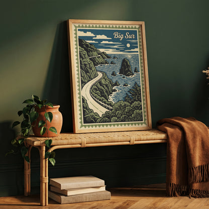 Big Sur California Vintage Travel Poster Linocut Wall Art Print