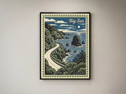 Big Sur California Vintage Travel Poster Linocut Wall Art Print