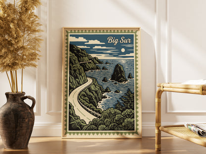 Big Sur California Vintage Travel Poster Linocut Wall Art Print