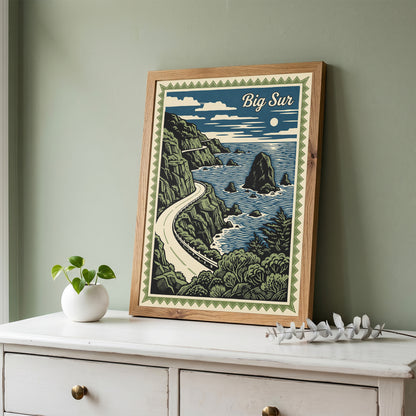 Big Sur California Vintage Travel Poster Linocut Wall Art Print