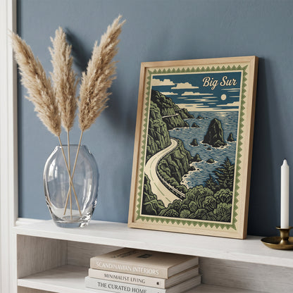 Big Sur California Vintage Travel Poster Linocut Wall Art Print