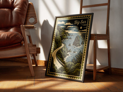 Big Sur California Vintage Travel Poster Linocut Wall Art Print