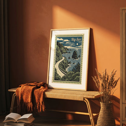 Big Sur California Vintage Travel Poster Linocut Wall Art Print