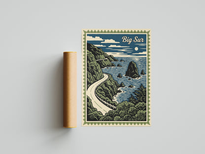 Big Sur California Vintage Travel Poster Linocut Wall Art Print
