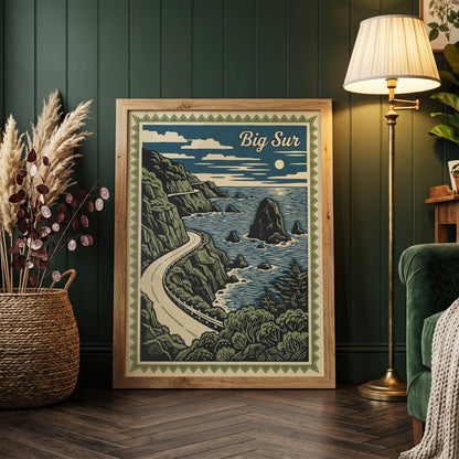 Big Sur California Vintage Travel Poster Linocut Wall Art Print