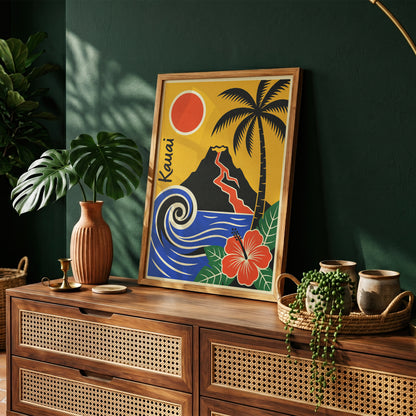 Kauai Hawaii Retro Travel Poster Mid Century Modern Wall Art Print