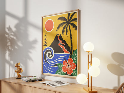 Kauai Hawaii Retro Travel Poster Mid Century Modern Wall Art Print