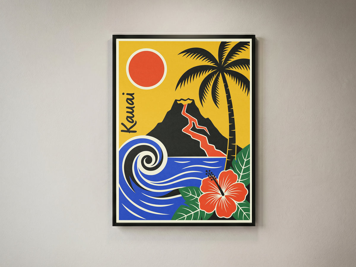 Kauai Hawaii Retro Travel Poster Mid Century Modern Wall Art Print