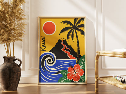 Kauai Hawaii Retro Travel Poster Mid Century Modern Wall Art Print