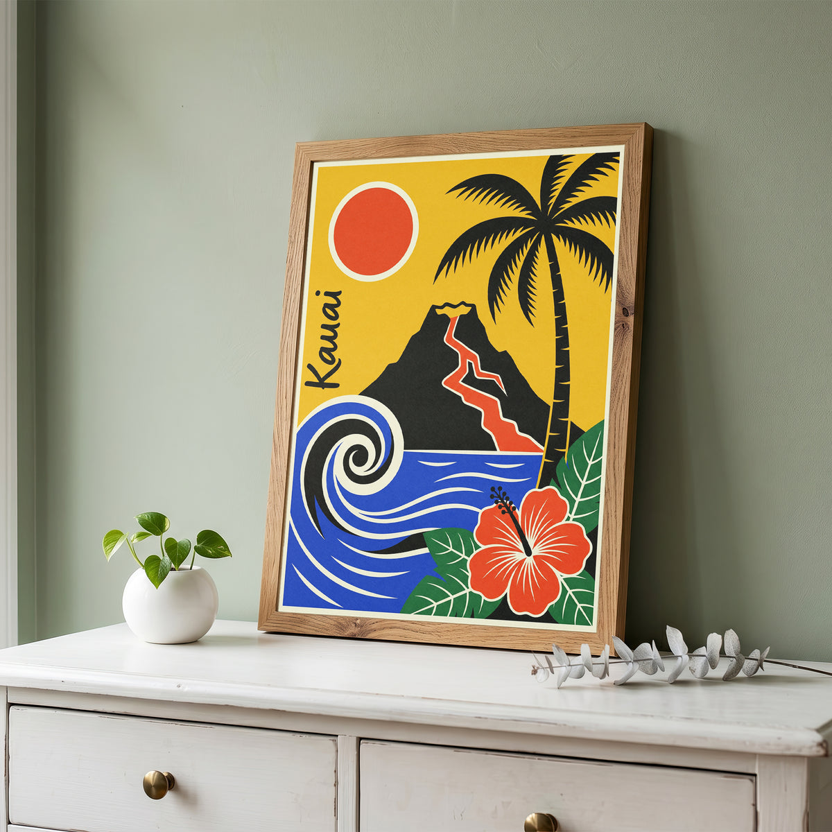 Kauai Hawaii Retro Travel Poster Mid Century Modern Wall Art Print