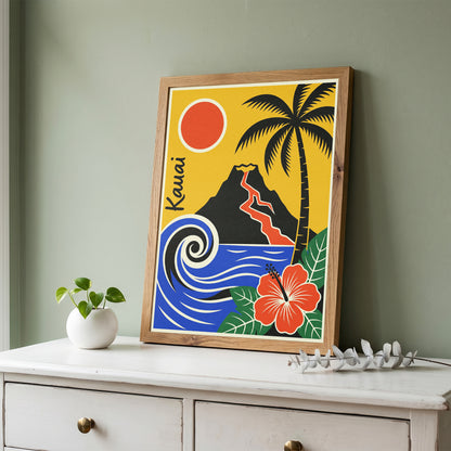 Kauai Hawaii Retro Travel Poster Mid Century Modern Wall Art Print