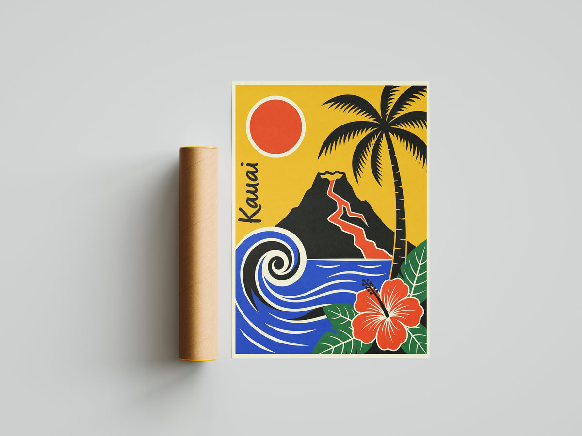 Kauai Hawaii Retro Travel Poster Mid Century Modern Wall Art Print