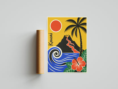 Kauai Hawaii Retro Travel Poster Mid Century Modern Wall Art Print