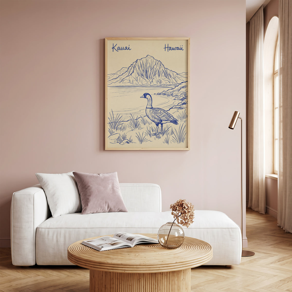 Vintage Kauai Hawaii Travel Poster - Nene Goose & Mountain Coastal Wall Art Print