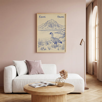 Vintage Kauai Hawaii Travel Poster - Nene Goose & Mountain Coastal Wall Art Print
