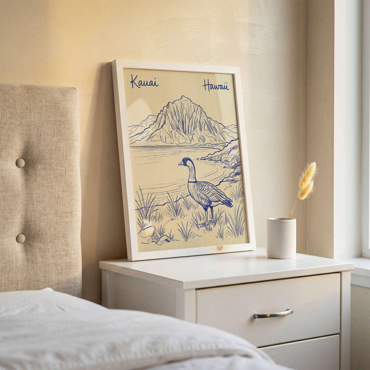 Vintage Kauai Hawaii Travel Poster - Nene Goose & Mountain Coastal Wall Art Print
