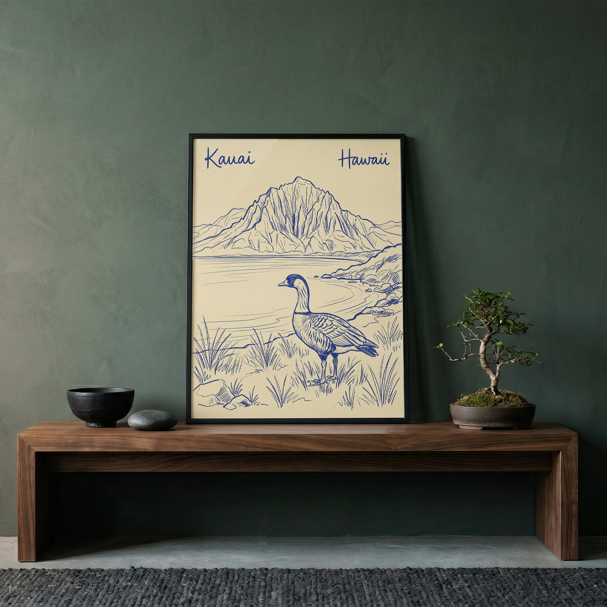 Vintage Kauai Hawaii Travel Poster - Nene Goose & Mountain Coastal Wall Art Print