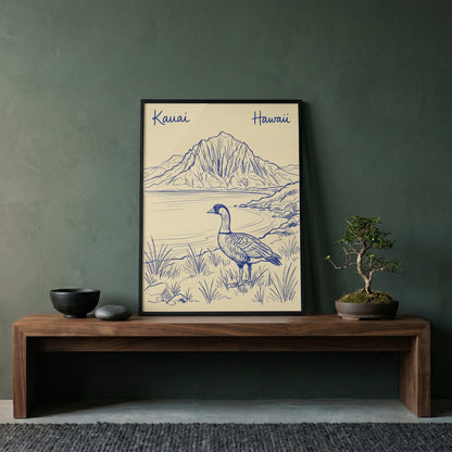 Vintage Kauai Hawaii Travel Poster - Nene Goose & Mountain Coastal Wall Art Print