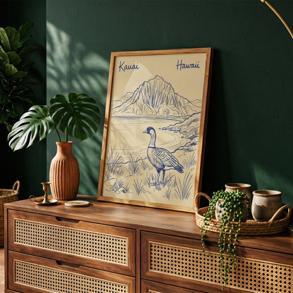 Vintage Kauai Hawaii Travel Poster - Nene Goose & Mountain Coastal Wall Art Print